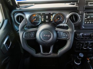 Jeep Wrangler JL Custom Steering Wheel - Carbon Fiber - F1 Style - Flat Bottom - Alcantara/ Green Stitch